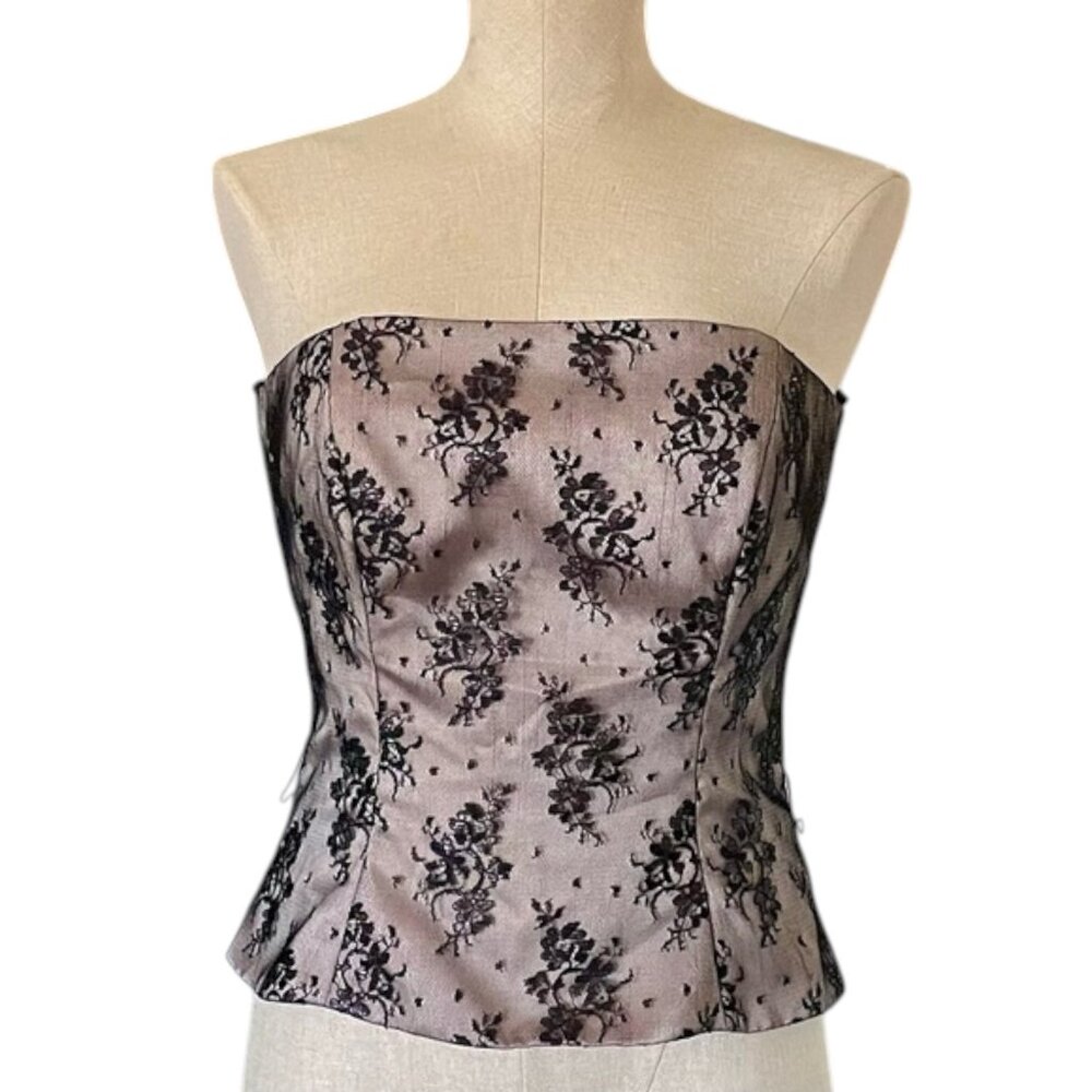 Vintage Y2K Satin & Lace Bustier Top – Black Floral Overlay – Made in USA – No S